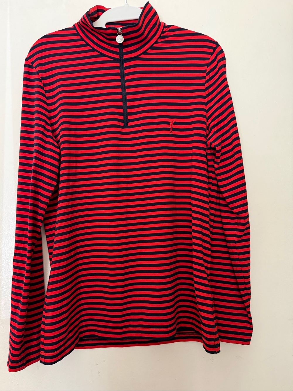 Golfino Red Navy Striped Quarter Zip Golf Pullover Unisex Large Made in Portugal